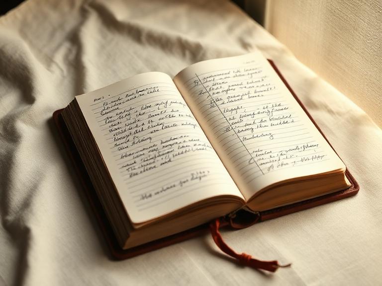 An open ledger on a linen surface, lit softly